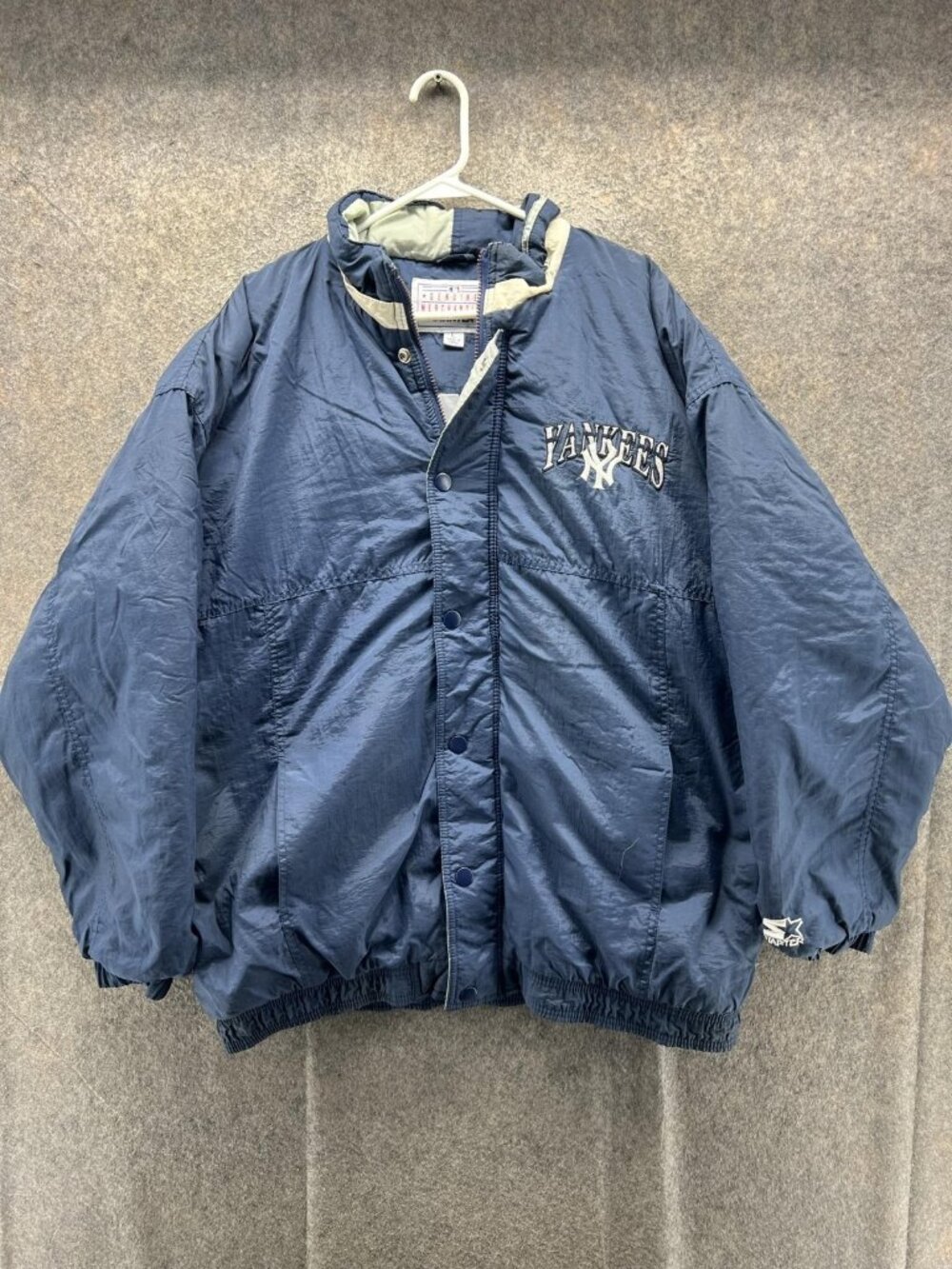 Vintage New York Yankees Jacket Mens Large Blue MLB Baseball Starter Hooded 90s